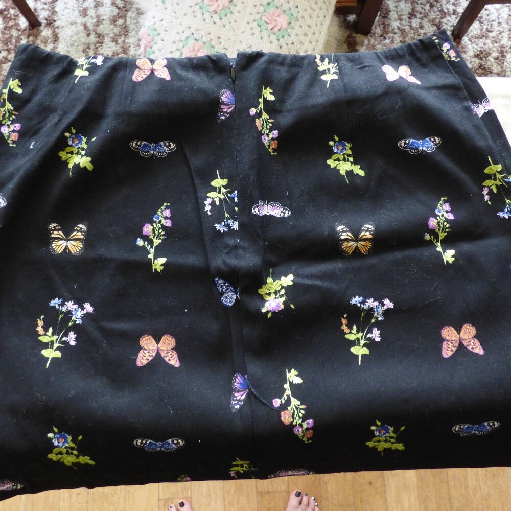 GOTH BOHO FAIRY BLACK MULTI BUTTERFLY FLORAL MINI SKIRT WITH FRONT SLIT XL